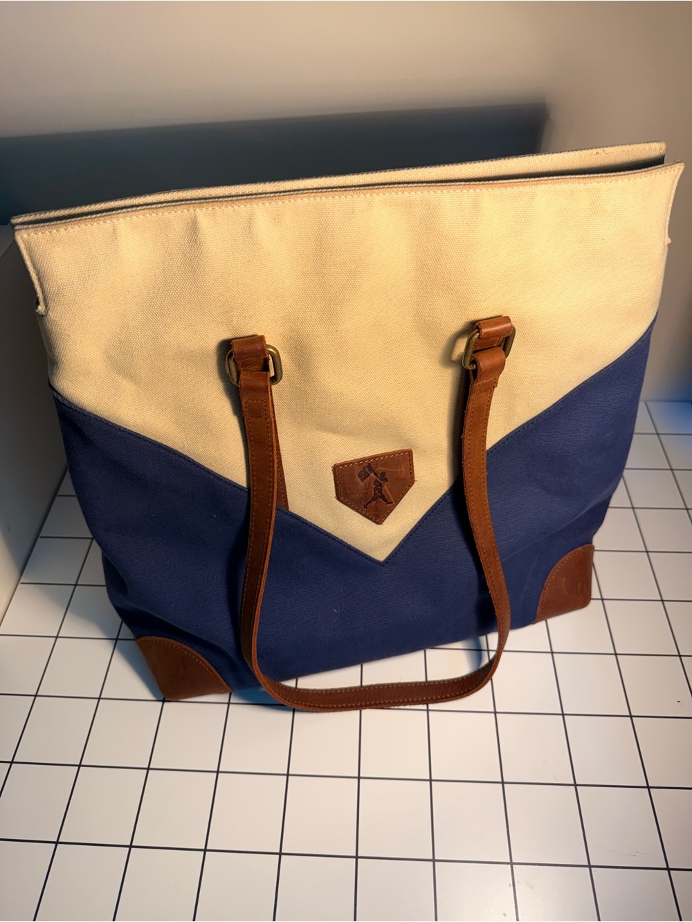 Canvas Tote Bag in Navy & Cream with Brown Leather Trim